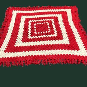Vintage 70s Handstitched Red Off-White Square Crochet Afghan Blanket: 37"x 37"